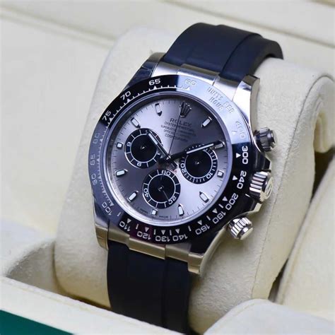 rolex daytona white gold steel dial oysterflex strap|Rolex daytona with rubber strap.